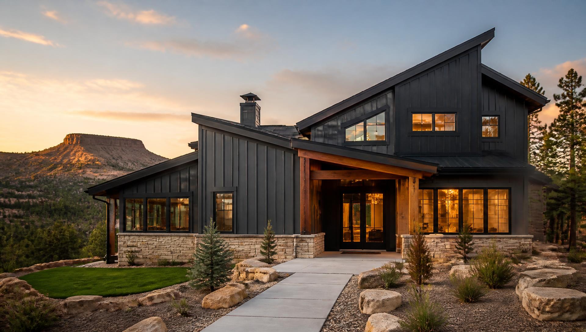 Completed modern Colorado home exterior at golden hour on the Western Slope