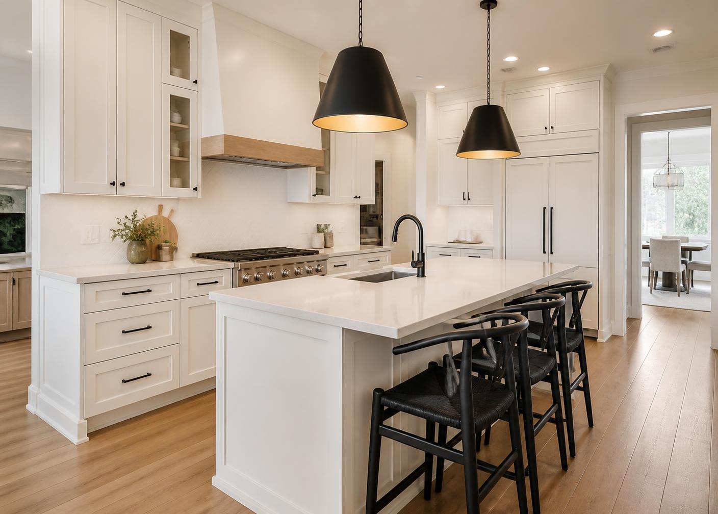 Completed kitchen remodel with white cabinetry and quartz counters