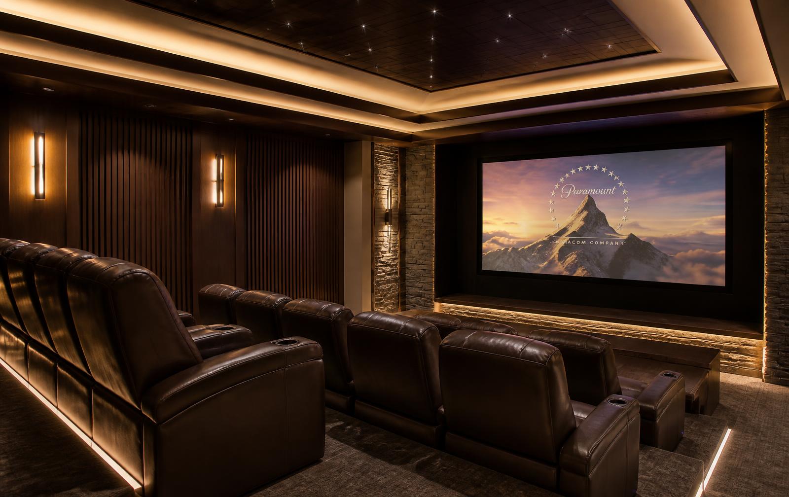 Custom mountain-modern private home theater with tiered seating and architectural lighting — project inspiration