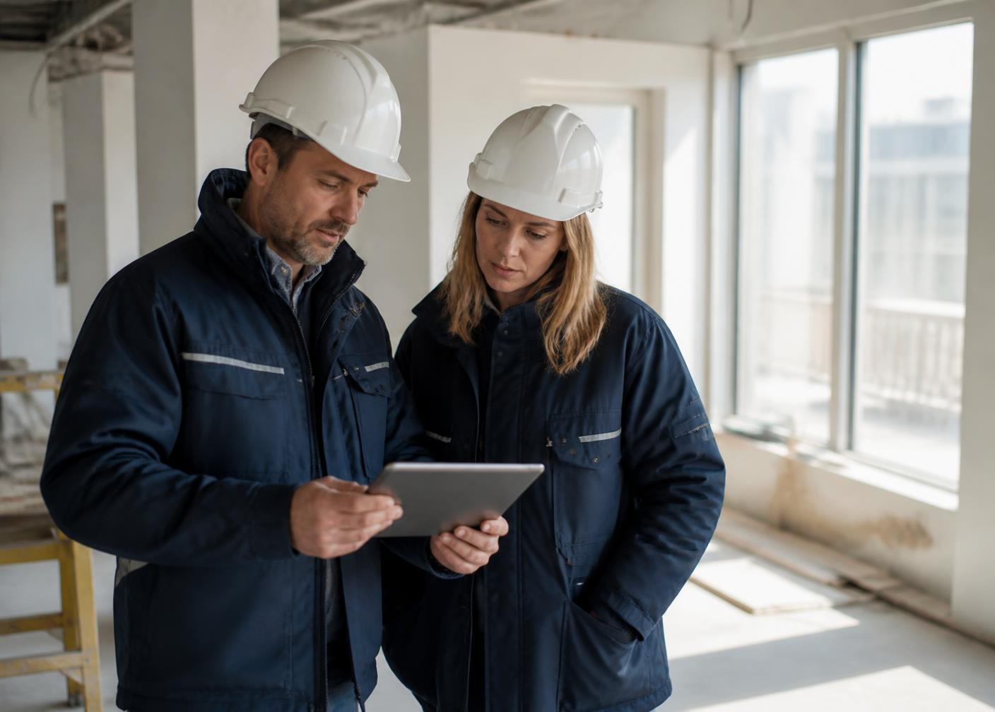 Project managers reviewing construction plans on a tablet inside an active remodel