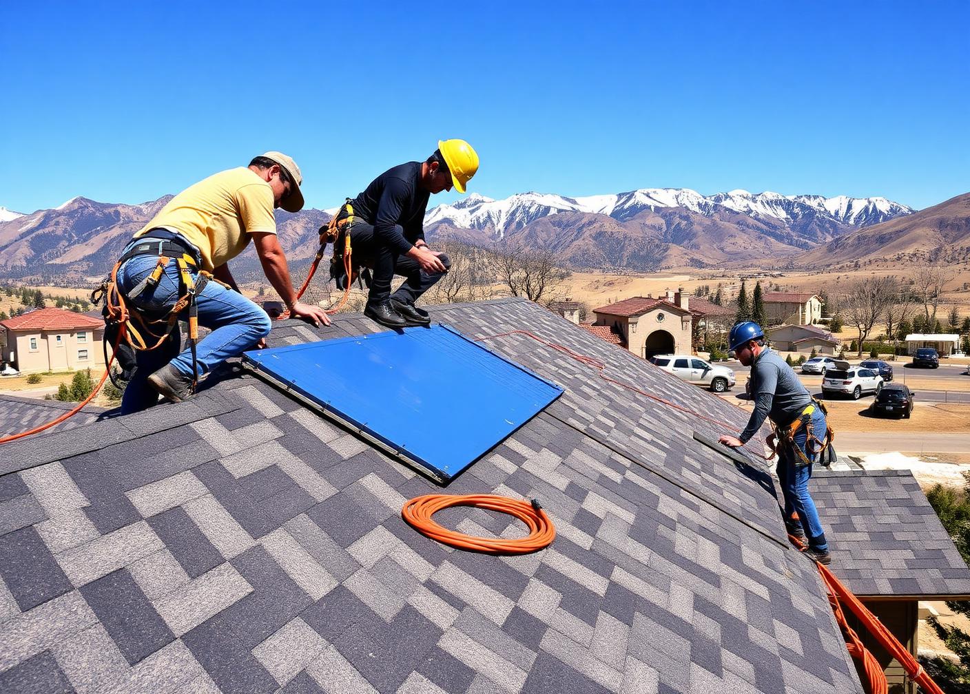 Roofing crew installing shingles on a Colorado home with mountains behind